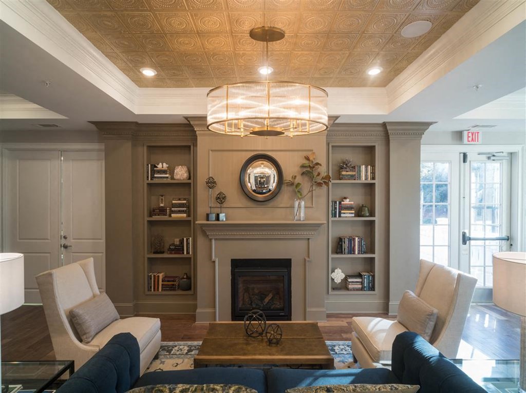 a living room with couches and a fireplace