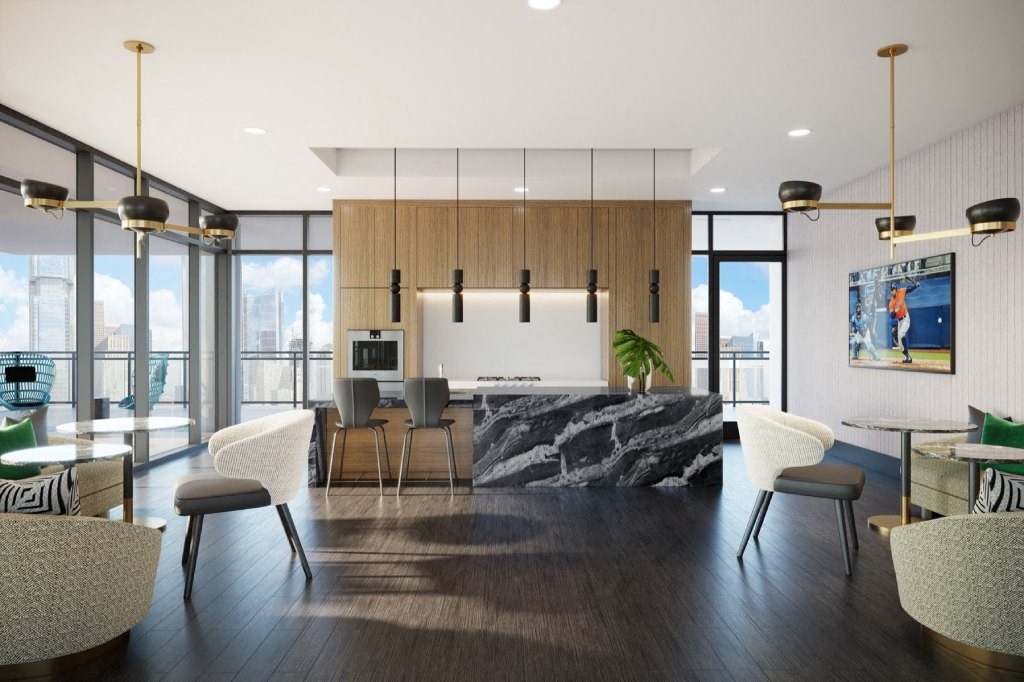 a rendering of a living room with a kitchen and dining area