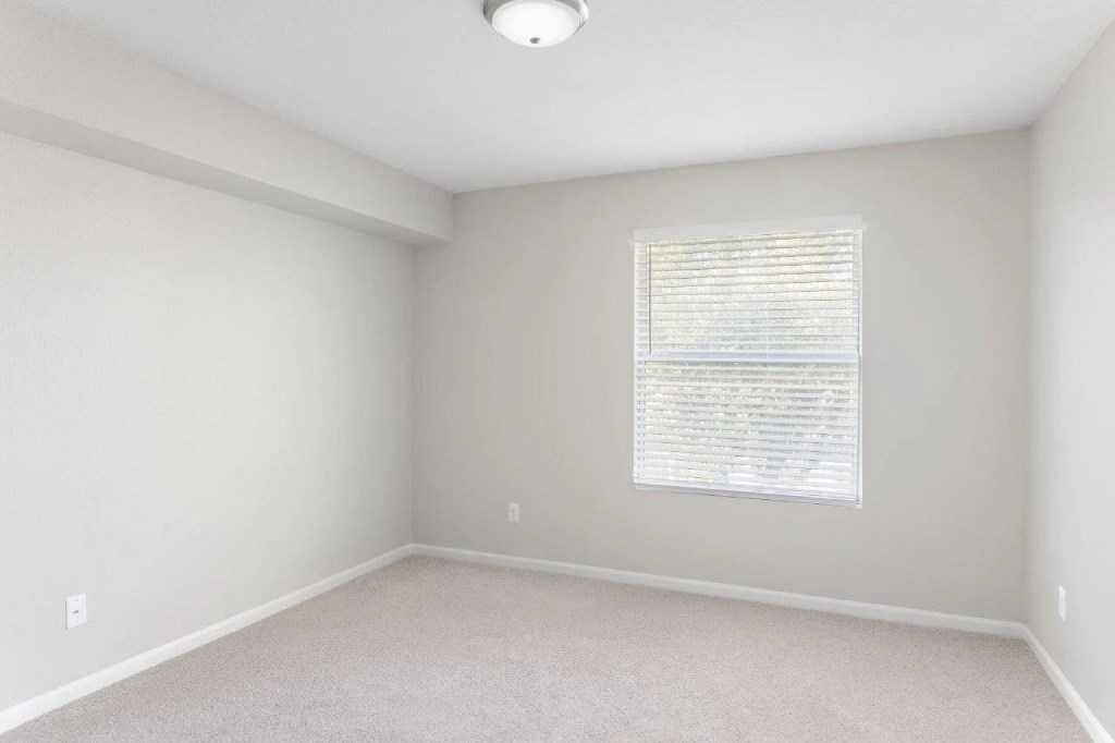 an empty room with a window and carpet