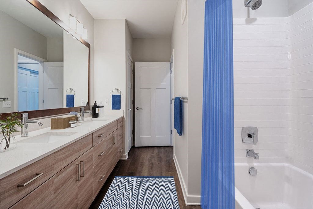 a bathroom with a tub and a sink and a mirror
