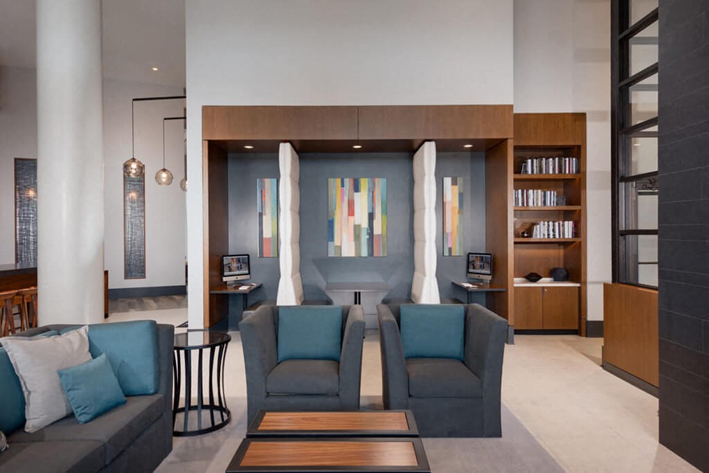 a living room with a couch and a table