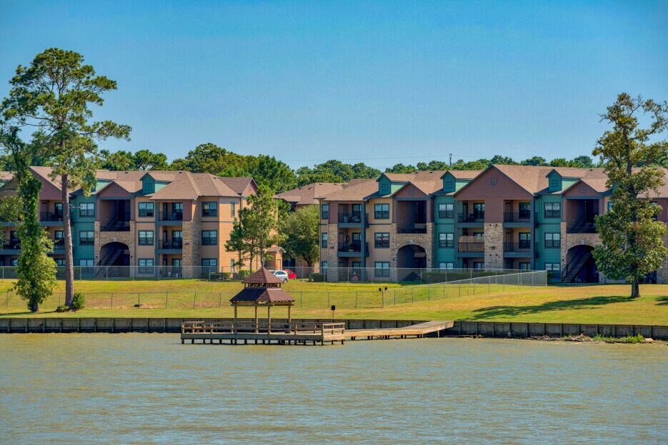 Outside view of Lake forest from the water with the apartments