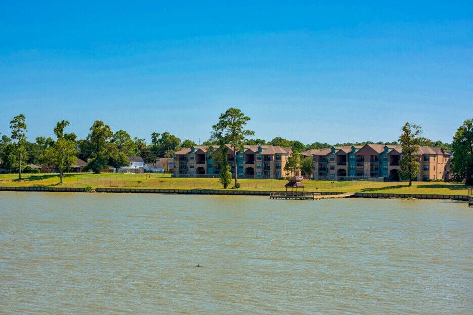 Outside view of Lake forest from the water with the apartments