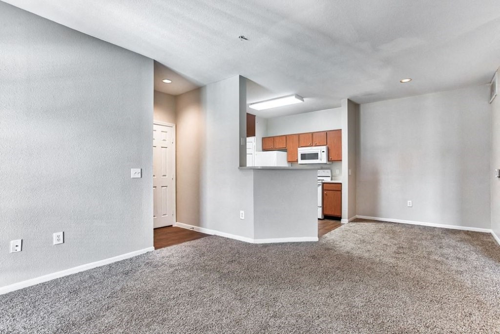 Living room with carpet floors and wood floors and wood cabinets