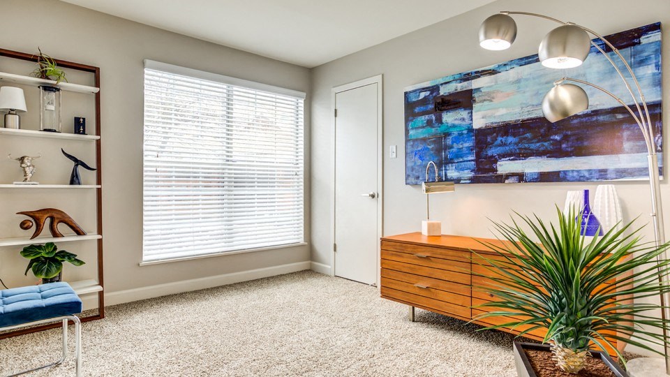 a living room with a window and a plant