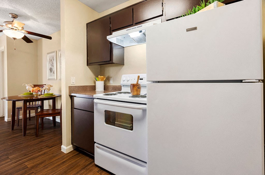 a kitchen with a stove and a refrigerator