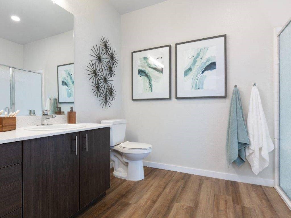 Santa Clara, CA Apartments - Santana Terrace - Bathroom with a Stand-In Shower, a Modern Vanity, and Hardwood-Style Flooring