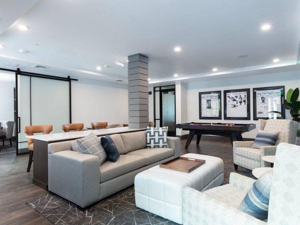 a game room with a pool table and couches