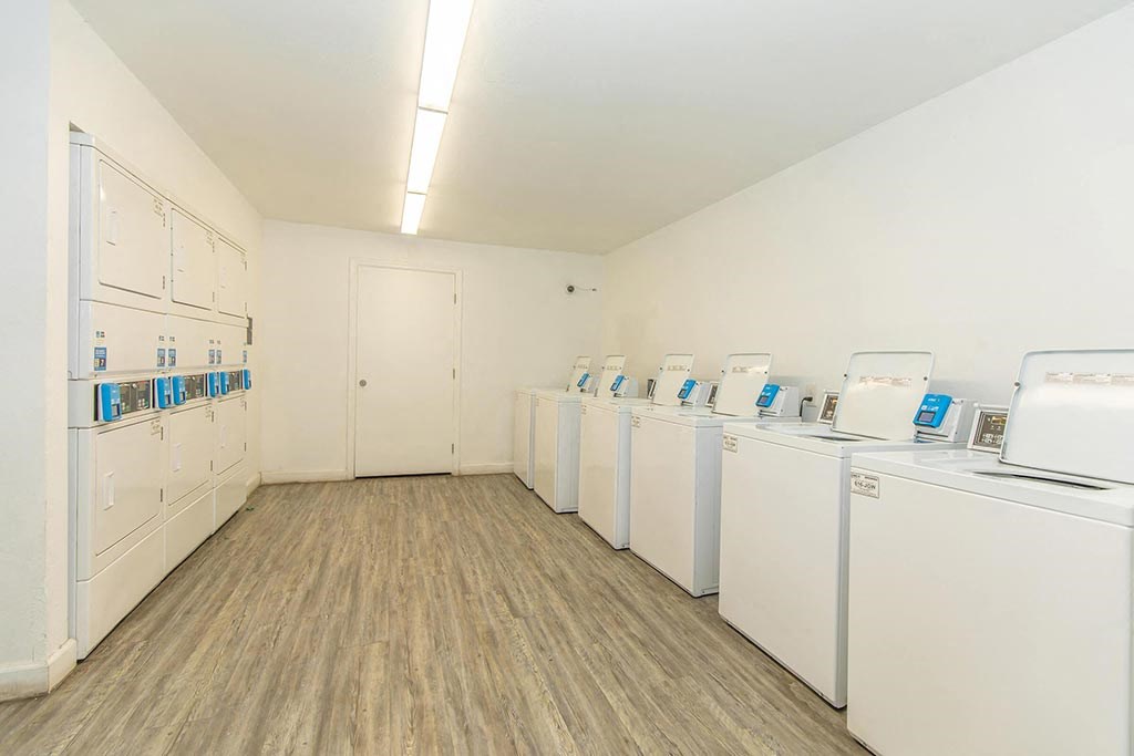a laundry room with washes and dryers and a row of washing machines