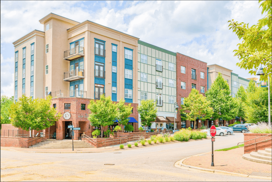 outdoor main road view of building with onsite retail shops
