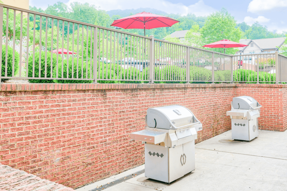 outdoor picnic and grilling area with two grills