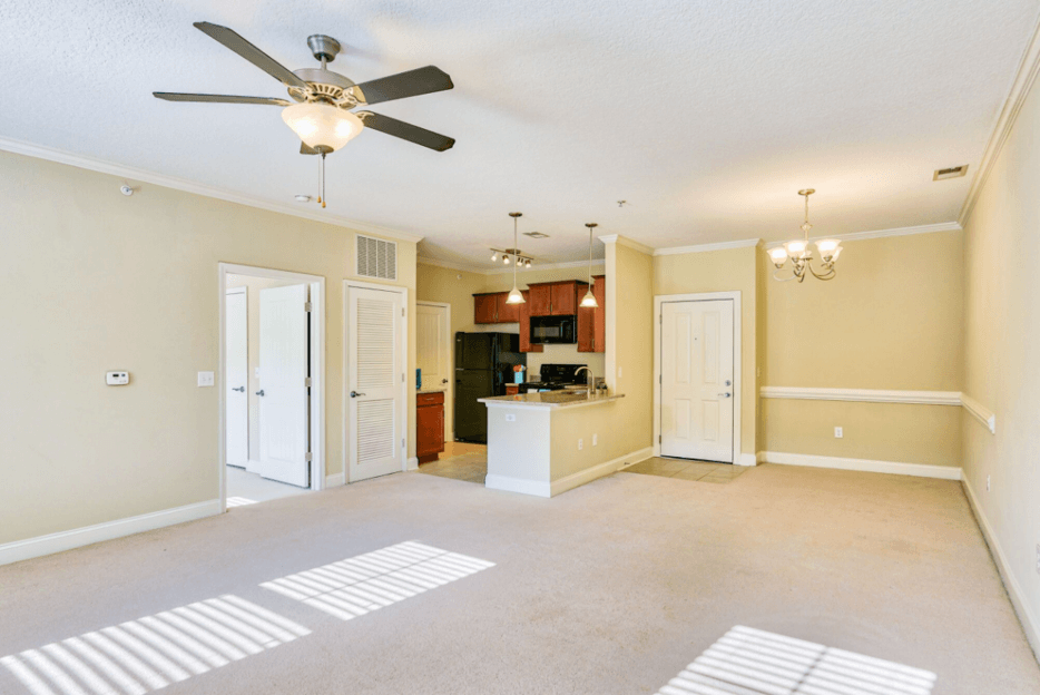 living room view of the kitchen and entrance of the lofts at reynolds village