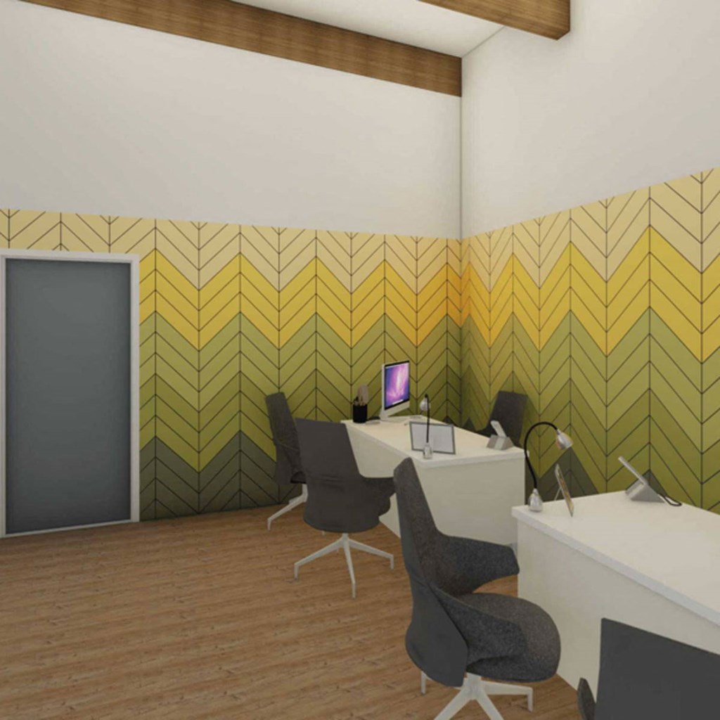 3d rendering of a office with desks and chairs