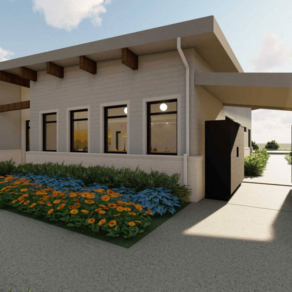 a rendering of a white house with a garden