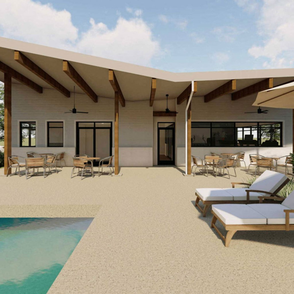a rendering of a patio with chairs and a pool