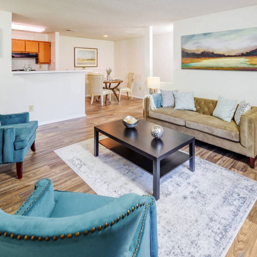 a living room with couches and a coffee table