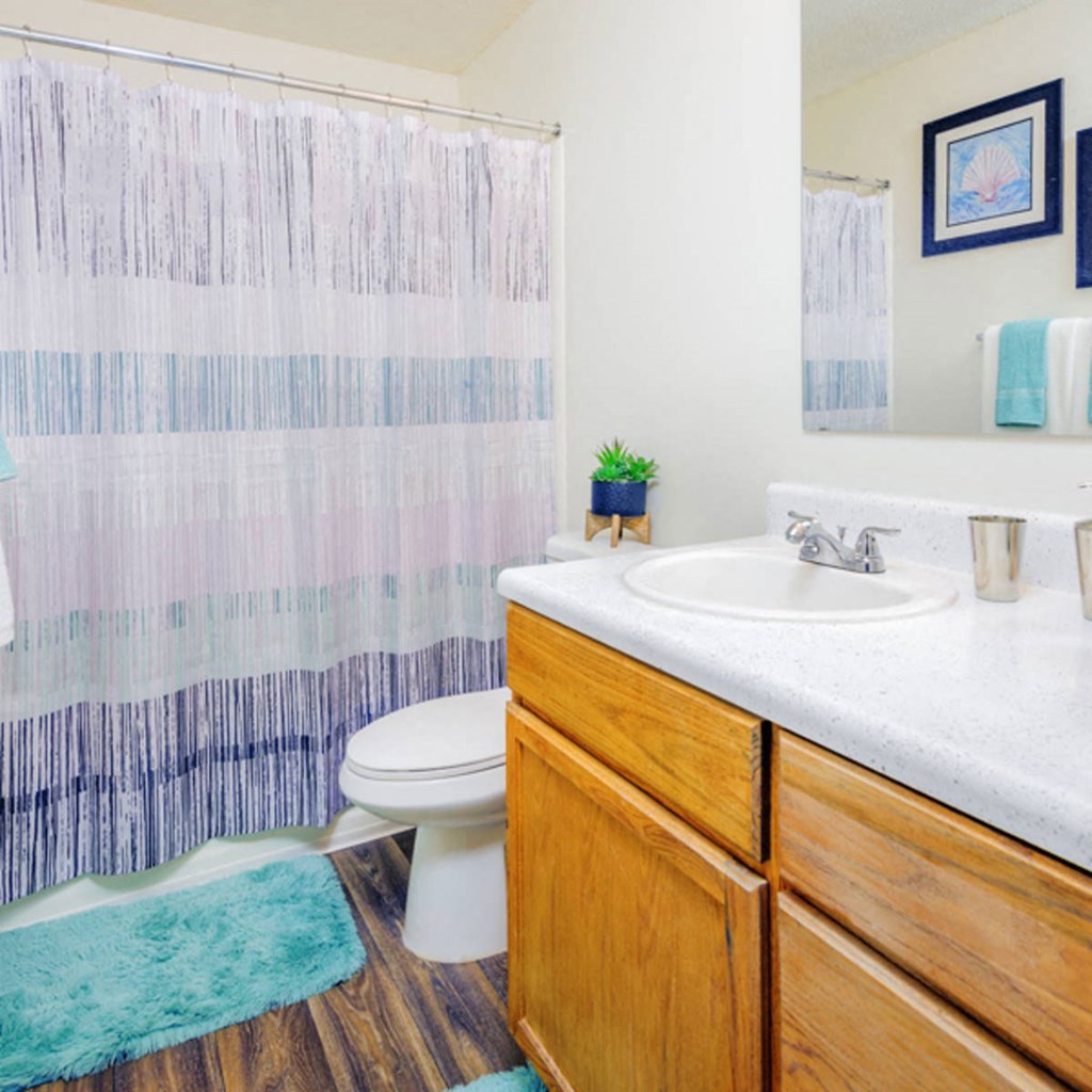 a bathroom with a sink and a toilet and a shower curtain