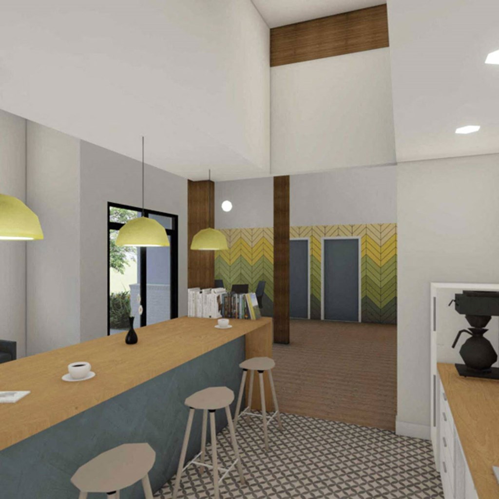 a rendering of a restaurant with a long bar and stools