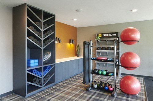 a gym with a bunch of balls and a shelving unit