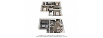a 3d floor plan of a house with a car in the garage
