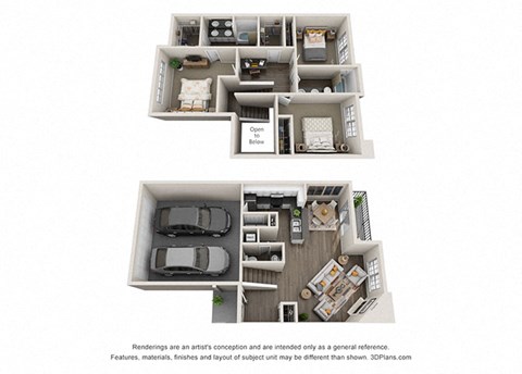 a 3d floor plan of a house with a car in the garage