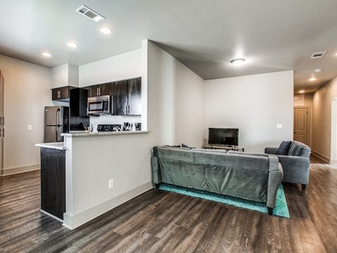 a living room and kitchen with a couch and a tv