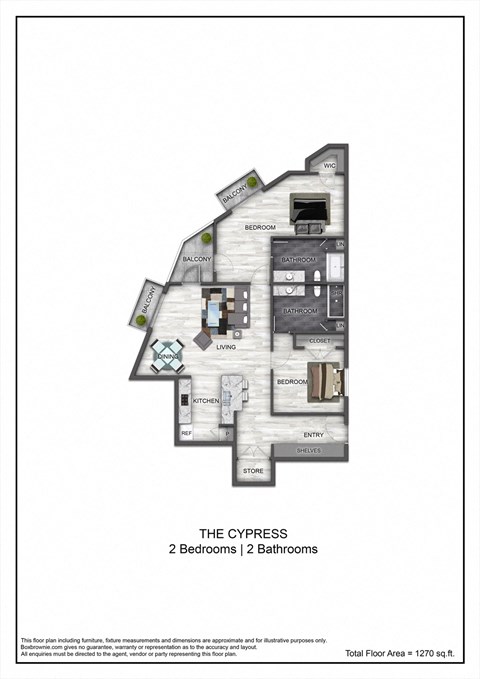 a floor plan of the cypress 2 bedrooms 1 baths