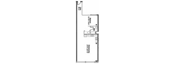 A floor plan of a small apartment with a kitchen, bathroom, and bedroom.