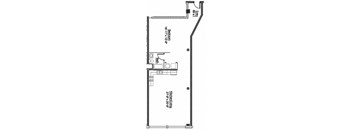 A floor plan of a small apartment with a bedroom, bathroom, and kitchen.