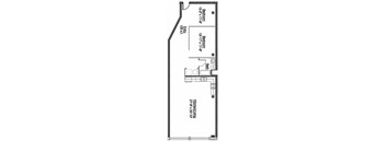 A floor plan of a house with a kitchen, two bathrooms, and two bedrooms.