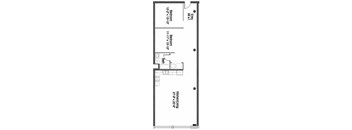 A floor plan of a small apartment with two bedrooms and a kitchen.
