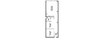 A floor plan of a house with a kitchen, bathroom, and three bedrooms.