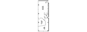 A floor plan of a house with a kitchen, two bathrooms, and three bedrooms.