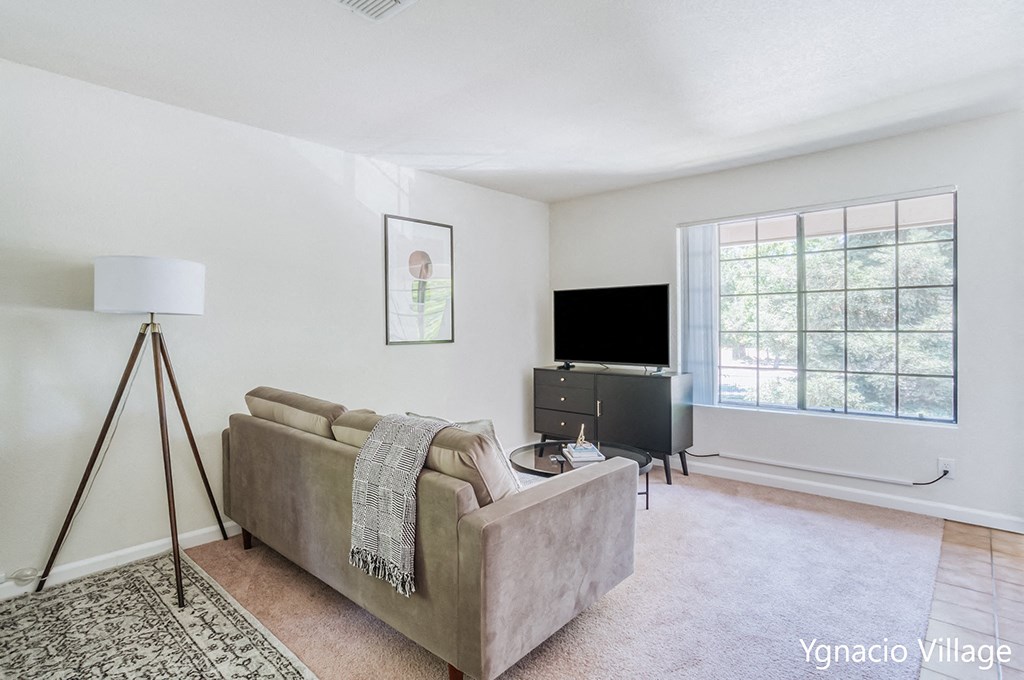 a living room with white walls and a large window