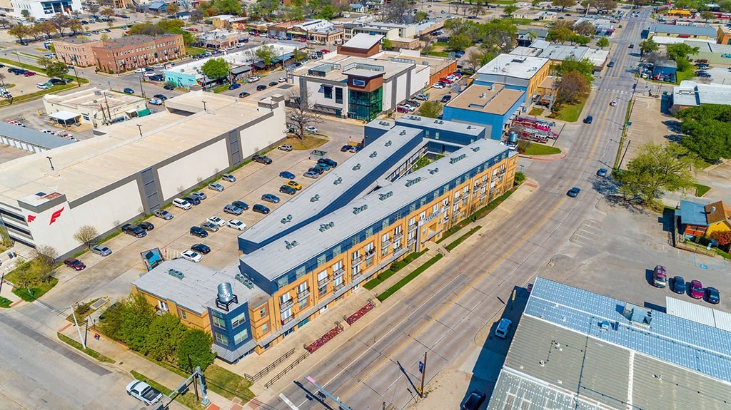 an aerial view of a building in a city