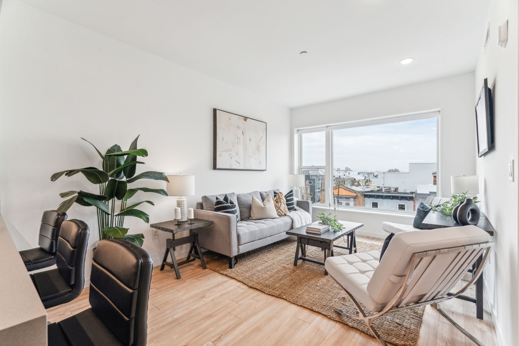 A living room with a couch, chairs, and a potted plant.