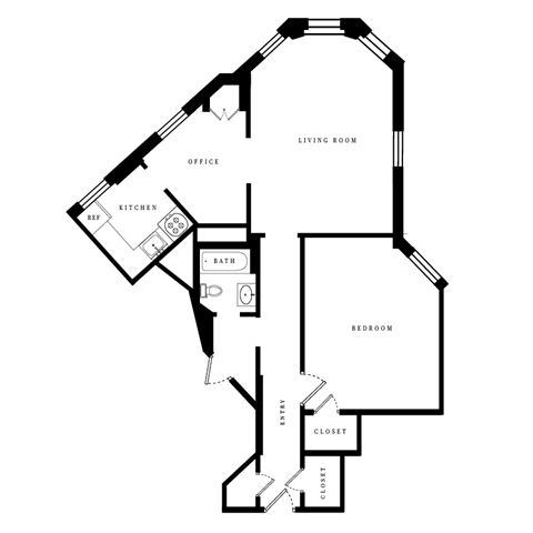 a floor plan of a staggered bungalow with a bedroom and a living room