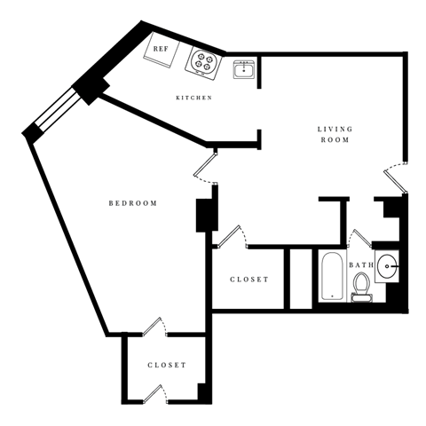 a floor plan of a unit with a bedroom and a living room