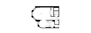 a floor plan of a room with a drum shaped floor plan and a loft