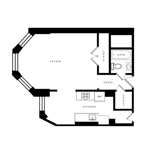 a floor plan of a room with a drum shaped floor plan and a loft