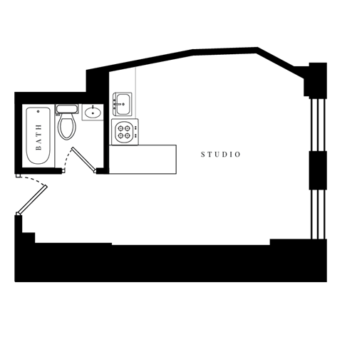a floor plan of a studio apartment with a bedroom and a living room