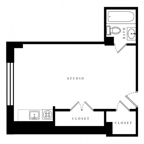 a floor plan of a studio apartment with a bedroom and a living room