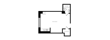 a floor plan of a living room with a bedroom and a staircase