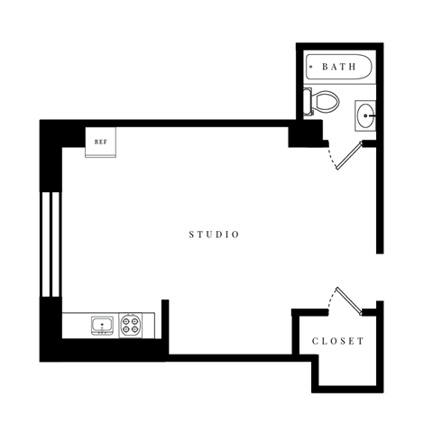 a floor plan of a living room with a bedroom and a staircase