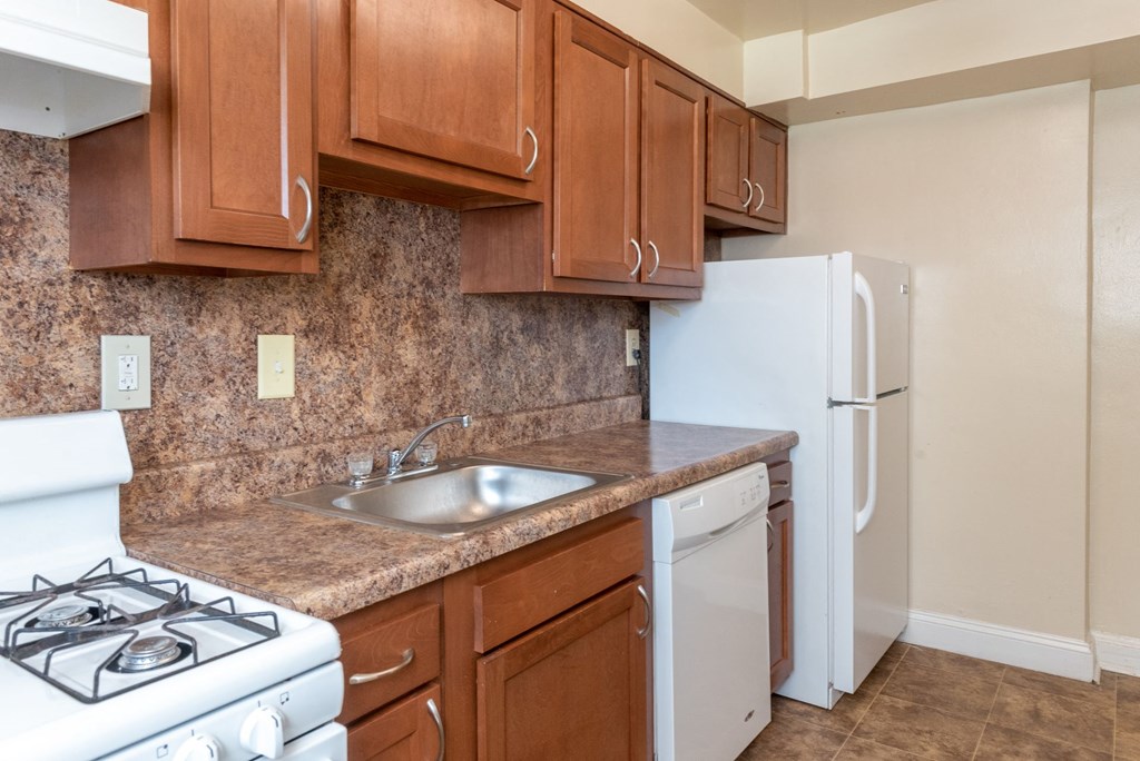 a kitchen with a sink and a stove and a refrigerator