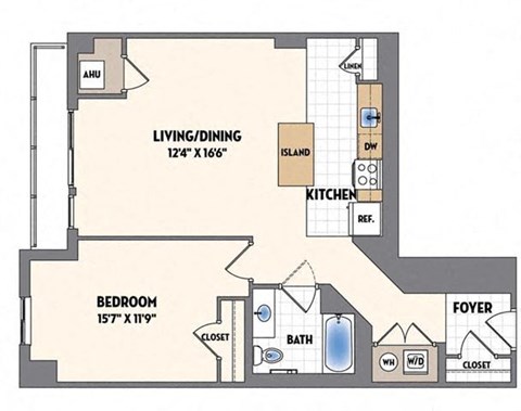 the floor plan of a bedroom apartment with a bathroom and a closet