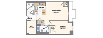the floor plan of a bedroom apartment with a bathroom and a living room