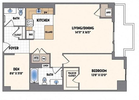 the floor plan of a bedroom apartment with a bathroom and a living room