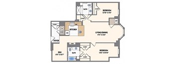 a floor plan of a bedroom apartment with a kitchen and a living room