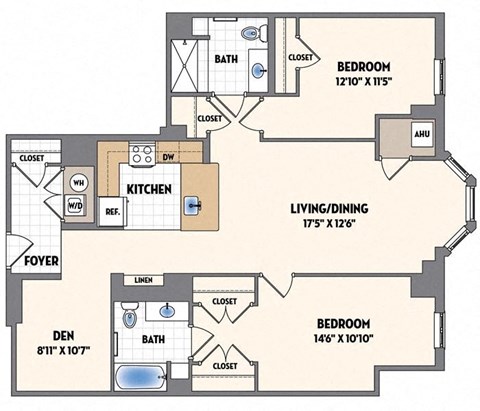 a floor plan of a bedroom apartment with a kitchen and a living room